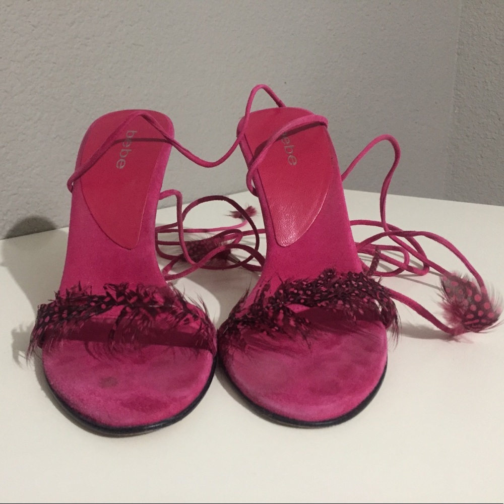 Bebe Fuchsia Suede Feathered Lace up Heels